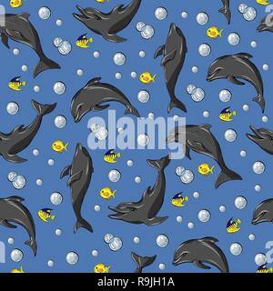 Seamless pattern with dolphins, fish and bubbles ,Vector illustration Stock Vector