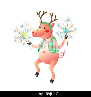 Funny pig dancing with sparklers New Year symbol  isolated on the white background Stock Vector