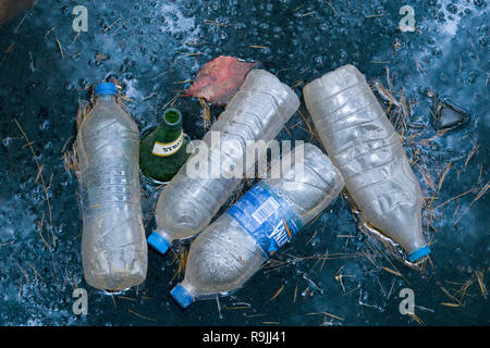 Empty discarded single use plastic water bottles and an empty beer bottle Stock Photo