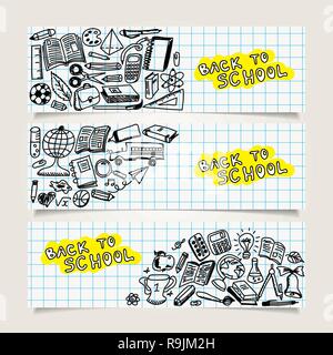 Set of banners with school icons, sketch collection in doodle style, vector illustration Stock Vector