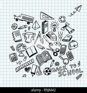 Back to school vector illustration with hand drawn school supplies doodles Stock Vector