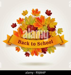 Back to school vector illustration with banner and colorful autumn maple leaves Stock Vector