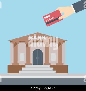 Hand holding credit card in front of bank building, finance institution with road on flat style background concept. Vector illustration design Stock Vector