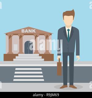 Businessman standing at the bank building, finance institution with road on flat style background concept. Vector illustration design Stock Vector