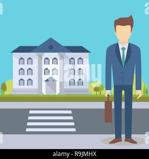 Businessman standing at the office building,institution with road on flat style background concept. Vector illustration design Stock Vector
