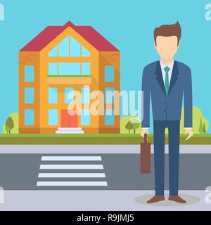 Businessman standing at the office building,institution with road on flat style background concept. Vector illustration design Stock Vector