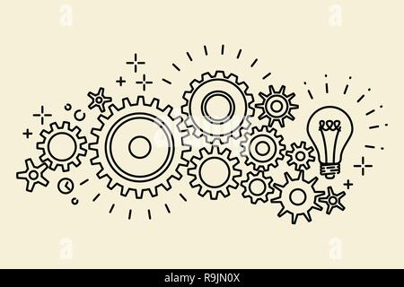 Abstract black connected cogs, gears, outline vector illustration Stock Vector