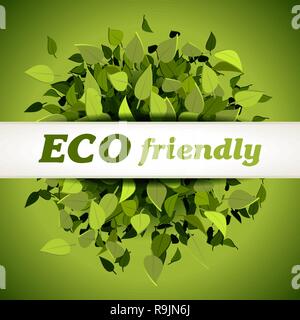 Eco friendly label on green background with leaves, vector illustration Stock Vector