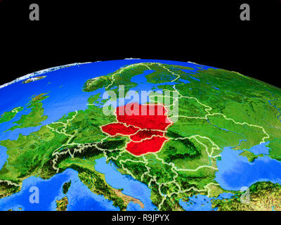 Visegrad Group on model of planet Earth with country borders and very detailed planet surface. 3D illustration. Elements of this image furnished by NA Stock Photo