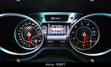 Modern car speedometer. Close up shot of the dashboard Stock Photo