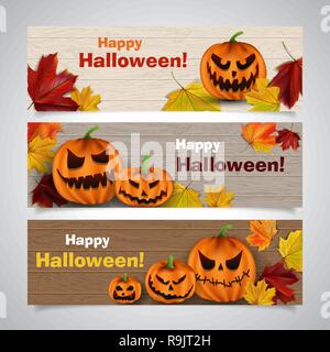 Set of vector Halloween headers with leaves and scary pumpkins on wooden background Stock Vector