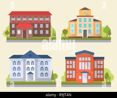 Set of office or administrative buildings, outdoor cartoon architecture set, vector illustration icons Stock Vector