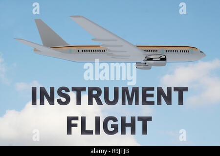 3D illustration of INSTRUMENT FLIGHT title on cloudy sky as a background, under an airplane. Stock Photo