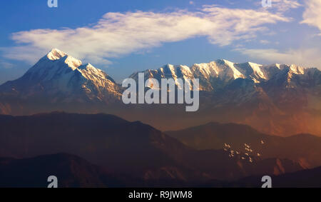 Mount Trishul with Himalayan range at sunrise as viewed from Kausani Uttarakhand India. Stock Photo