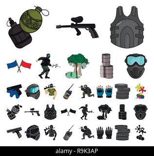 Paintball, team game cartoon, black icons in set collection for design. Equipment and outfit vector symbol stock  illustration. Stock Vector