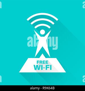 Sign free Wi-Fi.Logotip the stylized figure of the person distributing a signal with a banner on the isolated blue background. Advertizing connection  Stock Vector