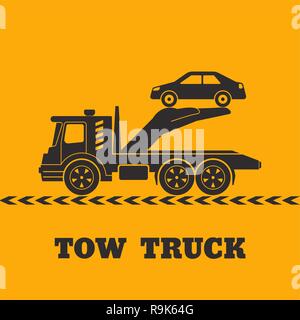 Tow truck icon yellow background. Hand holding the car. Round the clock evacuation of cars. Design can be used as a logo, a poster, advertising, singb Stock Vector