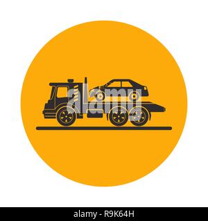 Tow truck with broken car. Round the clock evacuation of cars. Design can be used as a logo, a poster, advertising, singboard. Vector element of graph Stock Vector