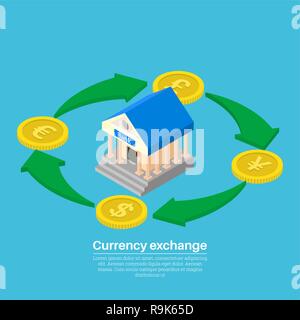 Vector illustration currency exchange. Coins dollar, euro, pound sterling, yuan in isometric style. Shooters of exchange. Transactions of a cash trans Stock Vector