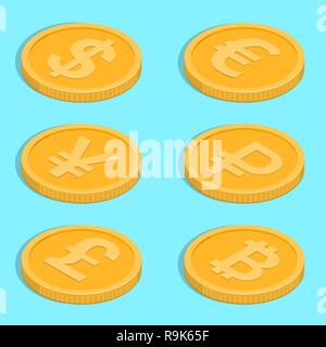 Set of icons of coins. Bank notes dollar, euro, pound sterling, yuan, ruble, bitcoin. Symbols of currencies in isometric, 3D style. Vector illustratio Stock Vector