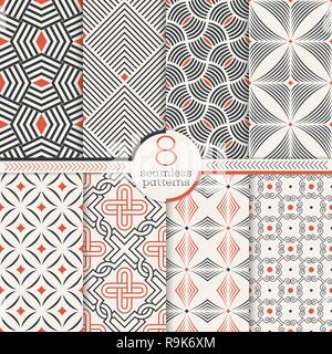 Set of art deco seamless patterns. Stylish modern geometric textures. Repeating geometrical shapes, lines, rhombuses, scales, arcs, dots. Vector abstr Stock Vector