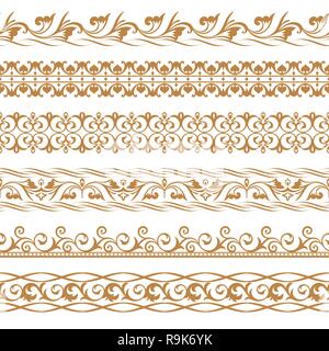 A vector set of art dividers in east style. Borders for the text, invitation cards, various printing editions. Golden seamless elements of design. Stock Vector
