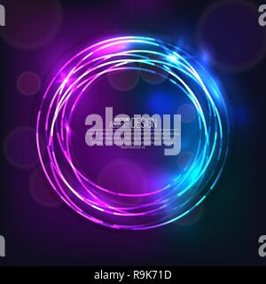 The shining neon banner. Multi-colored bright rings. Chaotic scintillating circles. Design elements. Abstract background. Vector illustration. Stock Vector