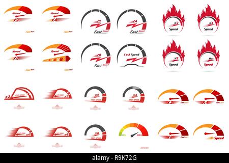 Set of 24 speedometer scales. Concept of speed and acceleration. Automobile subject. Car theme. Global communications. Vector element of graphic desig Stock Vector
