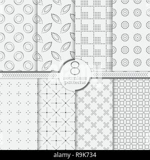 Set of vector seamless patterns. Modern stylish dotted textures. Repeating geometrical digital wrapping papers. Small dots, crosses, circles. Stock Vector