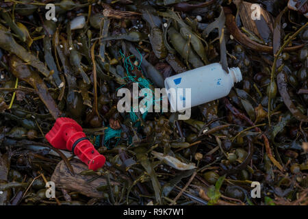 discarded single use plastics washed up on a beach causing pollution and littering with rubbish and not recycling. Stock Photo