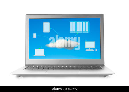 Laptop with cloud computing on screen isolated in white Stock Photo