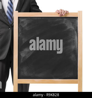 Businessman hold dirty wooden chalk board in white background Stock Photo