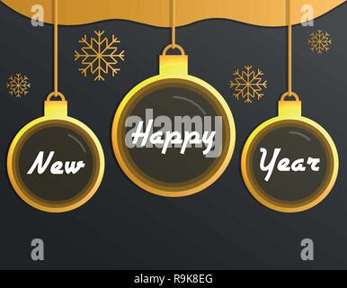 Happy new year, christmas balls and snowflakes, vector illustration on gray background Stock Vector