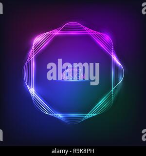 The sparkling neon banner. Multi-colored bright framework. The shining geometrical figures. Design element. Abstract background. Vector illustration. Stock Vector