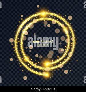 The golden shining banner. A template for design. Bright yellow curves with spangles and elements a side on a translucent background. Vector illustrat Stock Vector