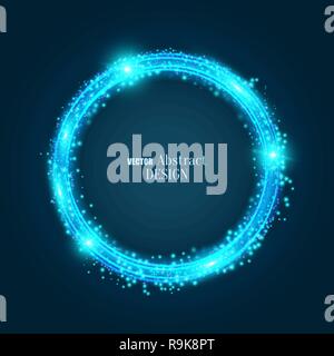 The blue shining banner. The sparkling circular lines with spangles and bright particles. Design template. Abstract background. Vector illustration. Stock Vector