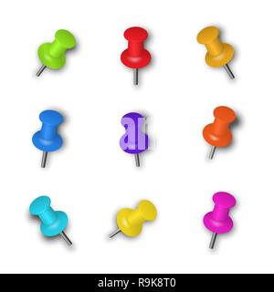 Multi-colored pins with a realistic shadow on a white background. Design elements in 3D style. Vector illustration. Stock Vector