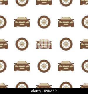 Seamless pattern with cars and wheels. Automotive background. Transport backdrop. Stock Vector