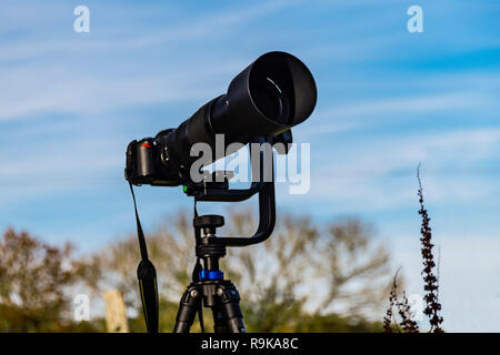 Camera on the tripod ready to shoot timelapse, panorama, wildlife, landscape. Stock Photo