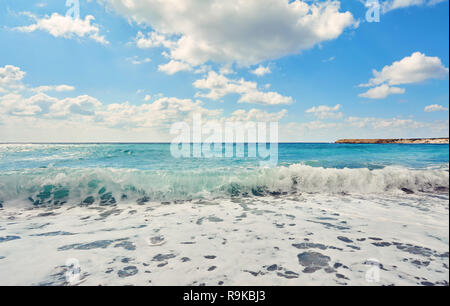 Storming sea and wide-spreading waves, Cyprus coastline. Stock Photo