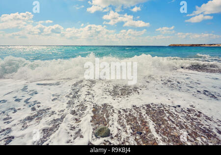 Storming sea and wide-spreading waves, Cyprus coastline. Stock Photo