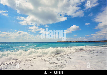 Storming sea and wide-spreading waves, Cyprus coastline. Stock Photo