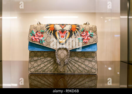 ROME, ITALY - CIRCA NOVEMBER, 2017: bags on display at a Gucci store in Fiumicino International Airport. Stock Photo