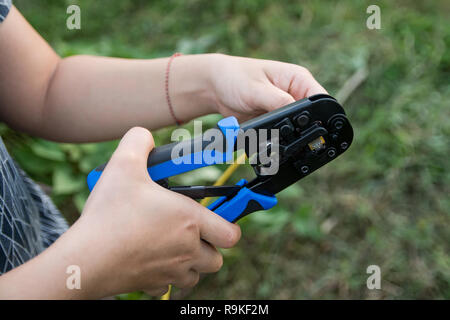 Assembly LAN cable to RJ45 with lan cable clamp Stock Photo