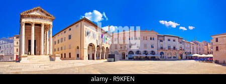 Forum square and historic roman Temple of Augustus in Pula panoramic view, Istria region of Croatia Stock Photo