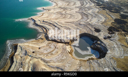 Aerial Photography with a drone. Elevated view of sink holes on the shore of the Dead Sea, Israel. The sink holes are caused by the rapidly receding w