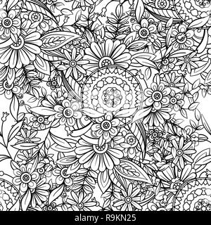 Floral seamless pattern in black and white. Adult coloring book page with flowers and mandalas. Hand drawn vector illustration. Doodles background Stock Vector