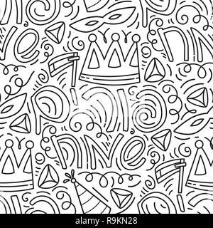 Purim seamless pattern with carnival mask, hats, crown, noise make, hamantaschen and Hebrew text Happy Purim. Black and white vector illustration in hand drawn doodles stiyle. Stock Vector