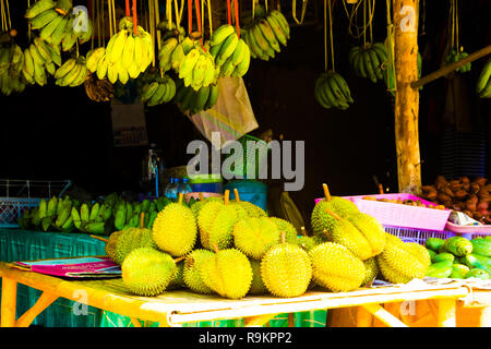 A fruits local market with durian and banana, Koh Lanta, Krabi in Thailand Stock Photo