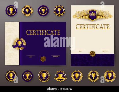 Set of elegant templates of diploma with lace ornament, ribbon, wax seal, drapery fabric, badges, place for text. Certificate of achievement, education, awards, winner. Stock Vector